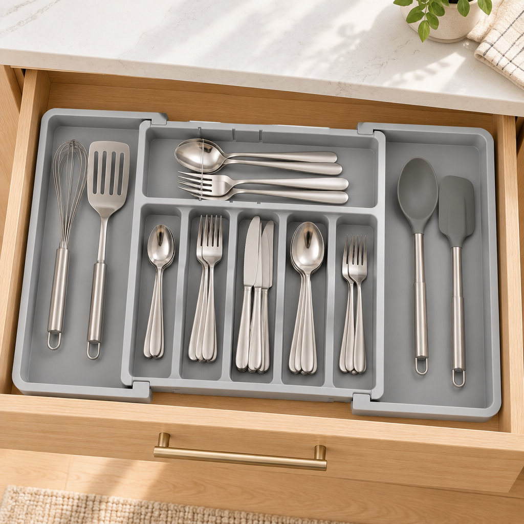 Bakken 8-Slot Expandable Drawer Organizer, Gray, styled in a kitchen