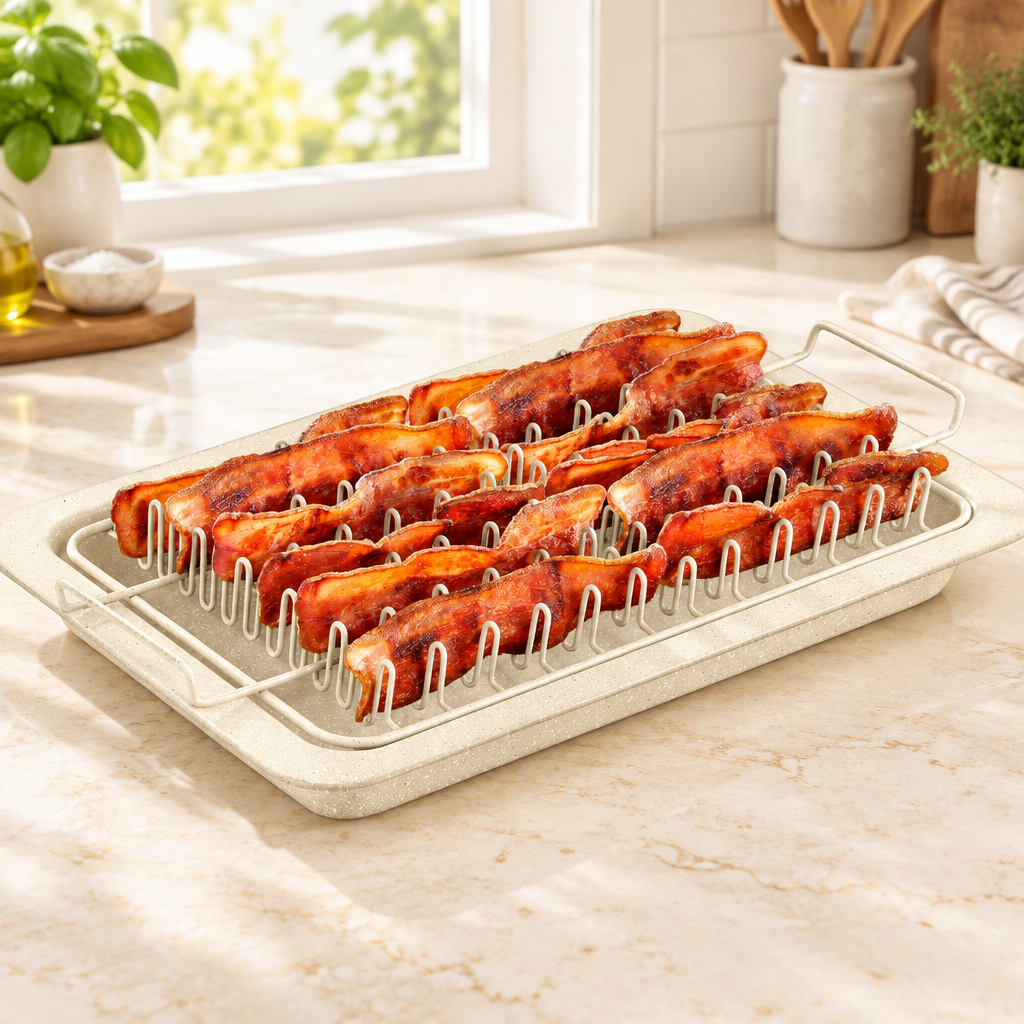 Bakken Bacon Tray Set, Stone Nonstick, White Stone, styled in a kitchen