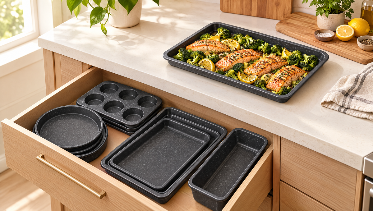 Bakken stackable gray marble baking pans with a sheet-pan salmon dinner