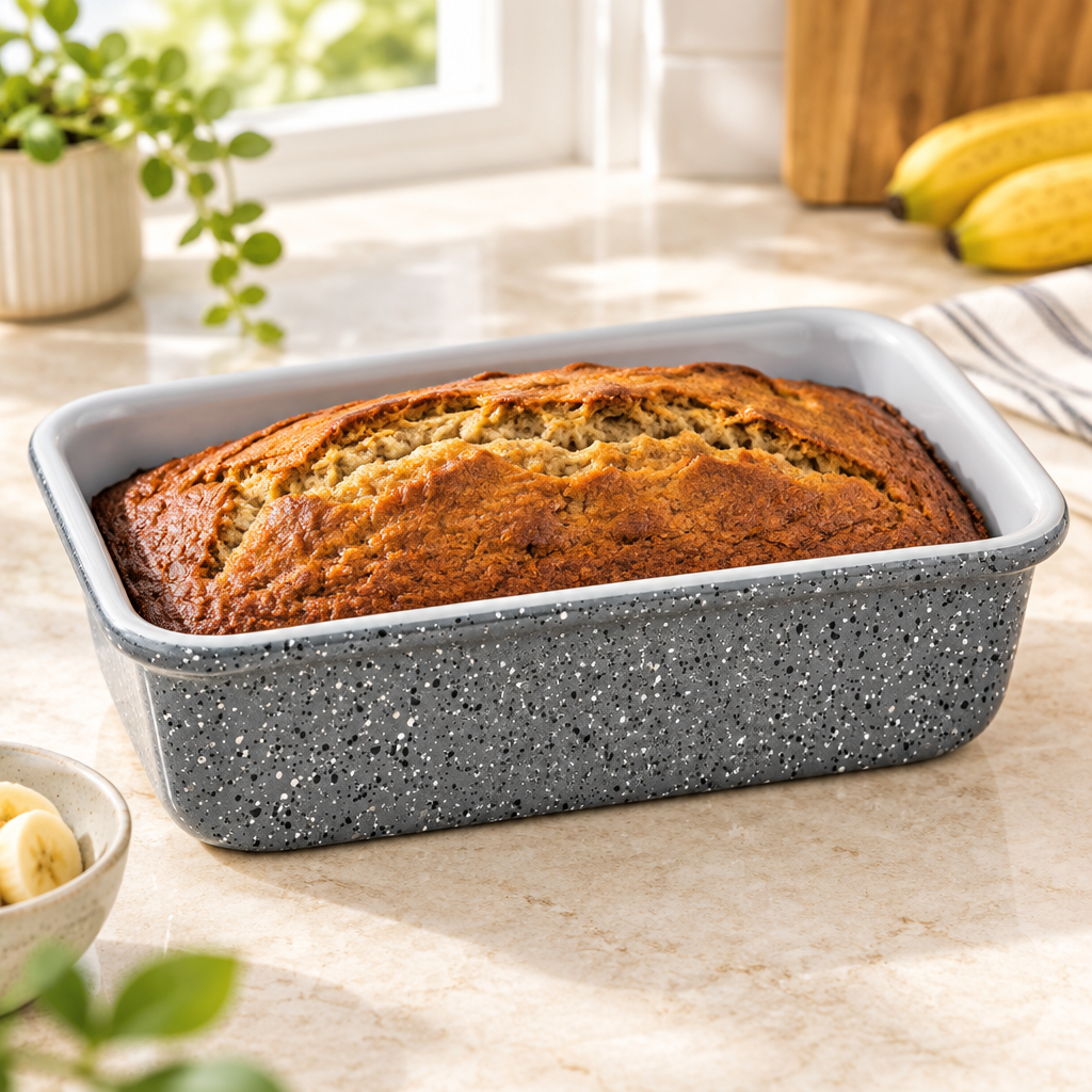 Bakken Ceramic Loaf Pan, 9 x 4.7", Marble, styled in a kitchen
