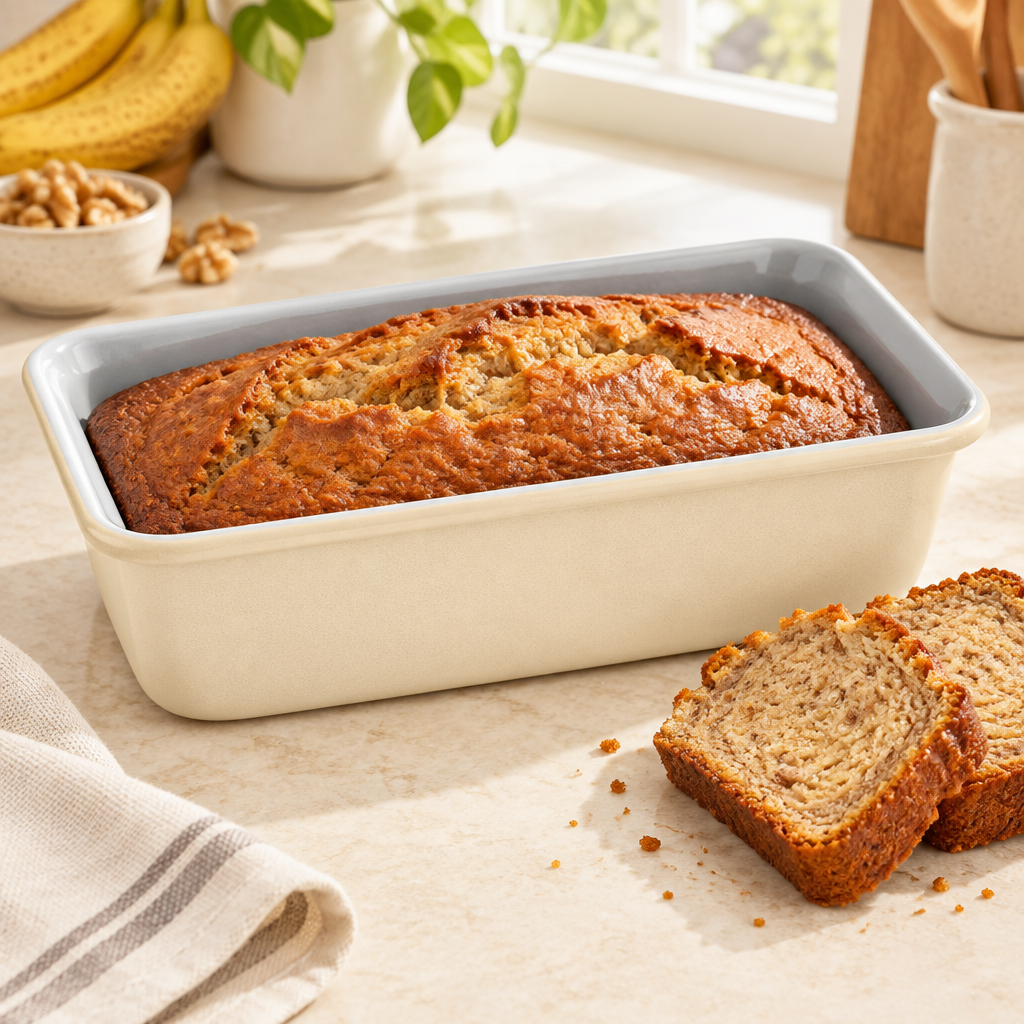 Bakken Ceramic Loaf Pan, 9 x 4.7", Cream, styled in a kitchen