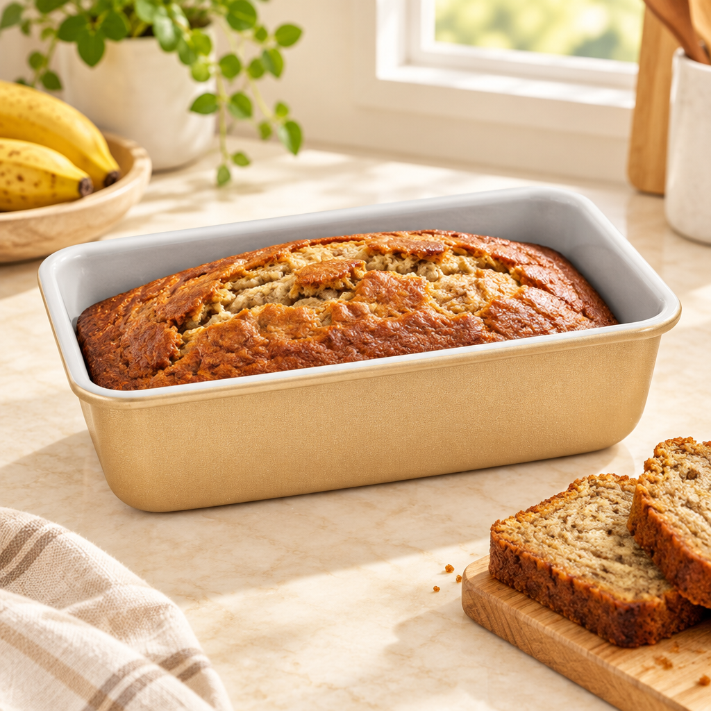 Bakken Ceramic Loaf Pan, 9 x 4.7", Gold, styled in a kitchen