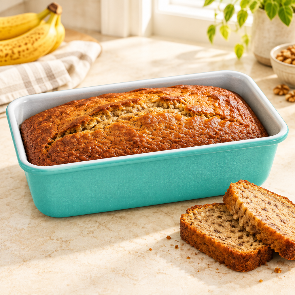 Bakken Ceramic Loaf Pan, 9 x 4.7", Teal, styled in a kitchen
