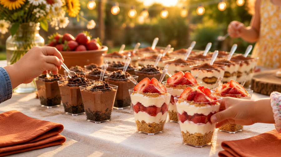 Clear Bakken dessert cups filled with parfaits and mousse on a party table
