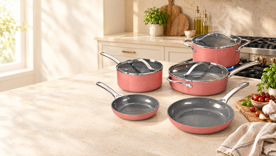 Bakken pink ceramic nonstick cookware set in a bright kitchen