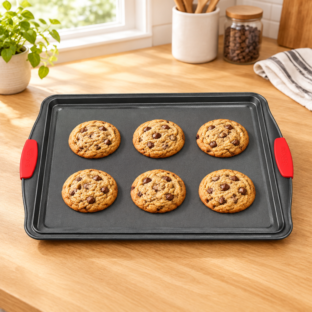 Bakken Large Cookie Sheet, Gray with Red Handles, styled in a kitchen