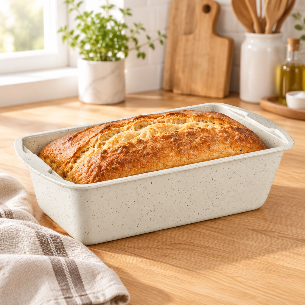 Bakken Loaf Pan 11", White Marble, styled in a kitchen