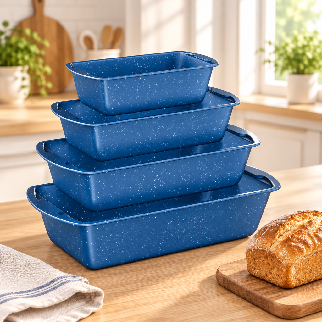Bakken Loaf Pan Set of 4 (7-11"), Blue Marble, styled in a kitchen