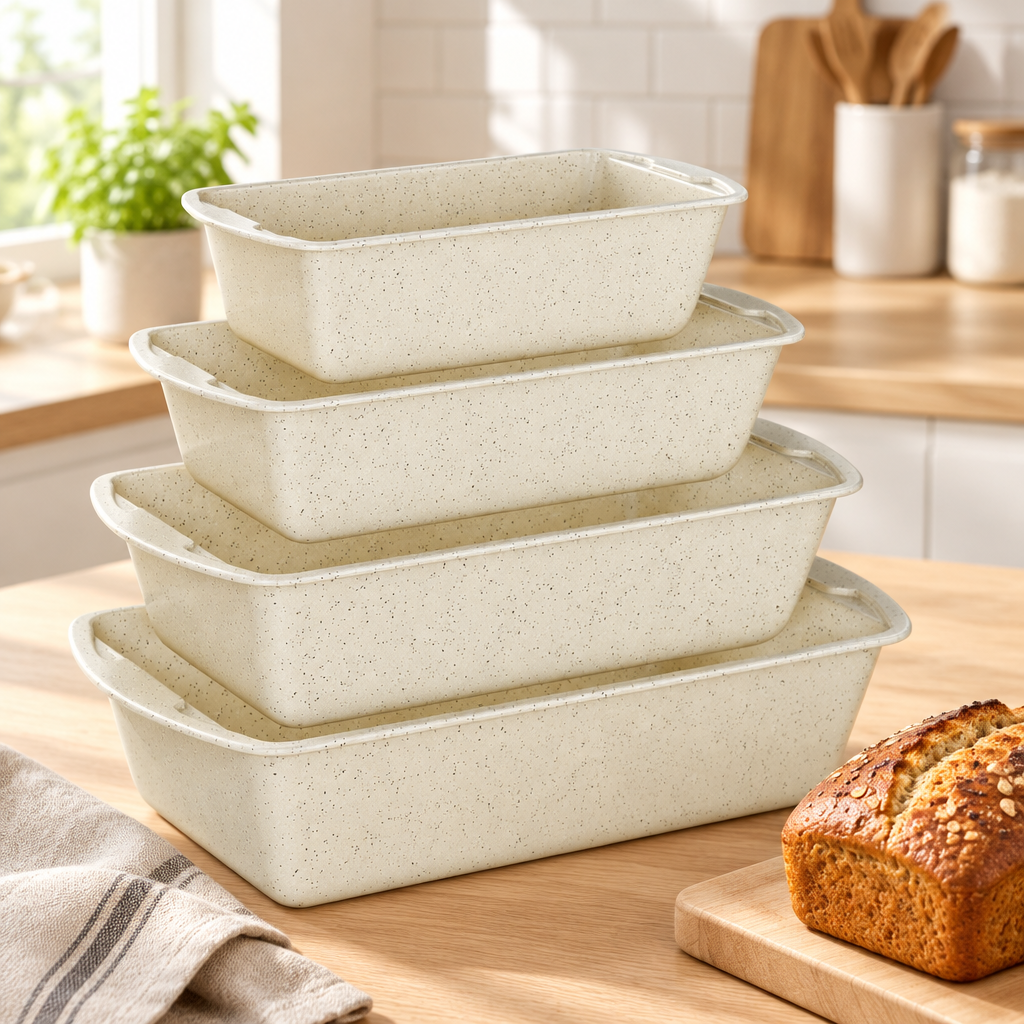 Bakken Loaf Pan Set of 4 (7-11"), White Marble, styled in a kitchen
