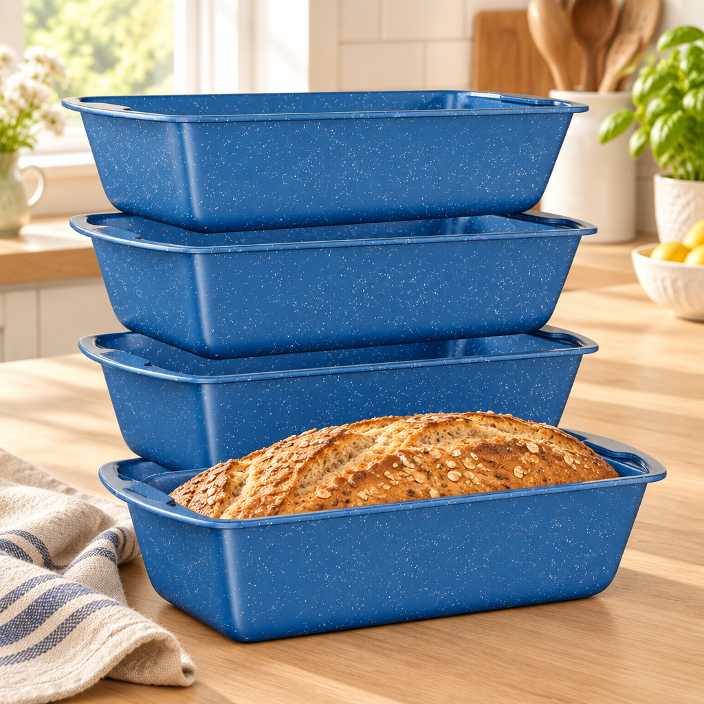 Bakken Loaf Pan Set of 4, Blue Marble, styled in a kitchen