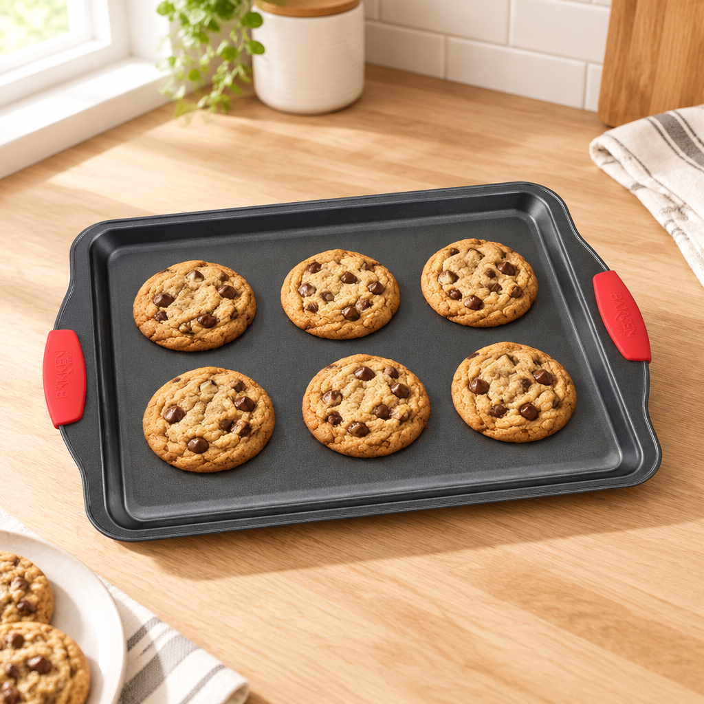 Bakken Medium Cookie Sheet, Gray with Red Handles, styled in a kitchen