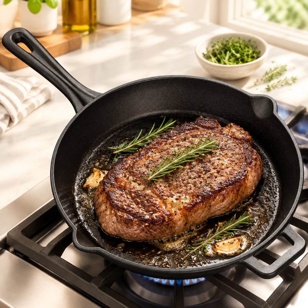 Bakken Pre-Seasoned Cast Iron Skillet, Black, styled in a kitchen