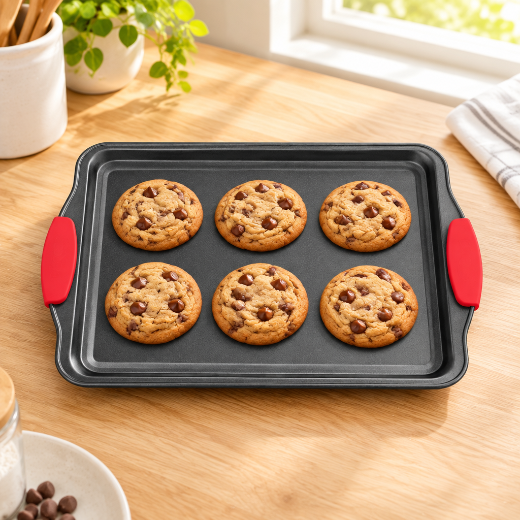 Bakken Small Cookie Sheet, Gray with Red Handles, styled in a kitchen