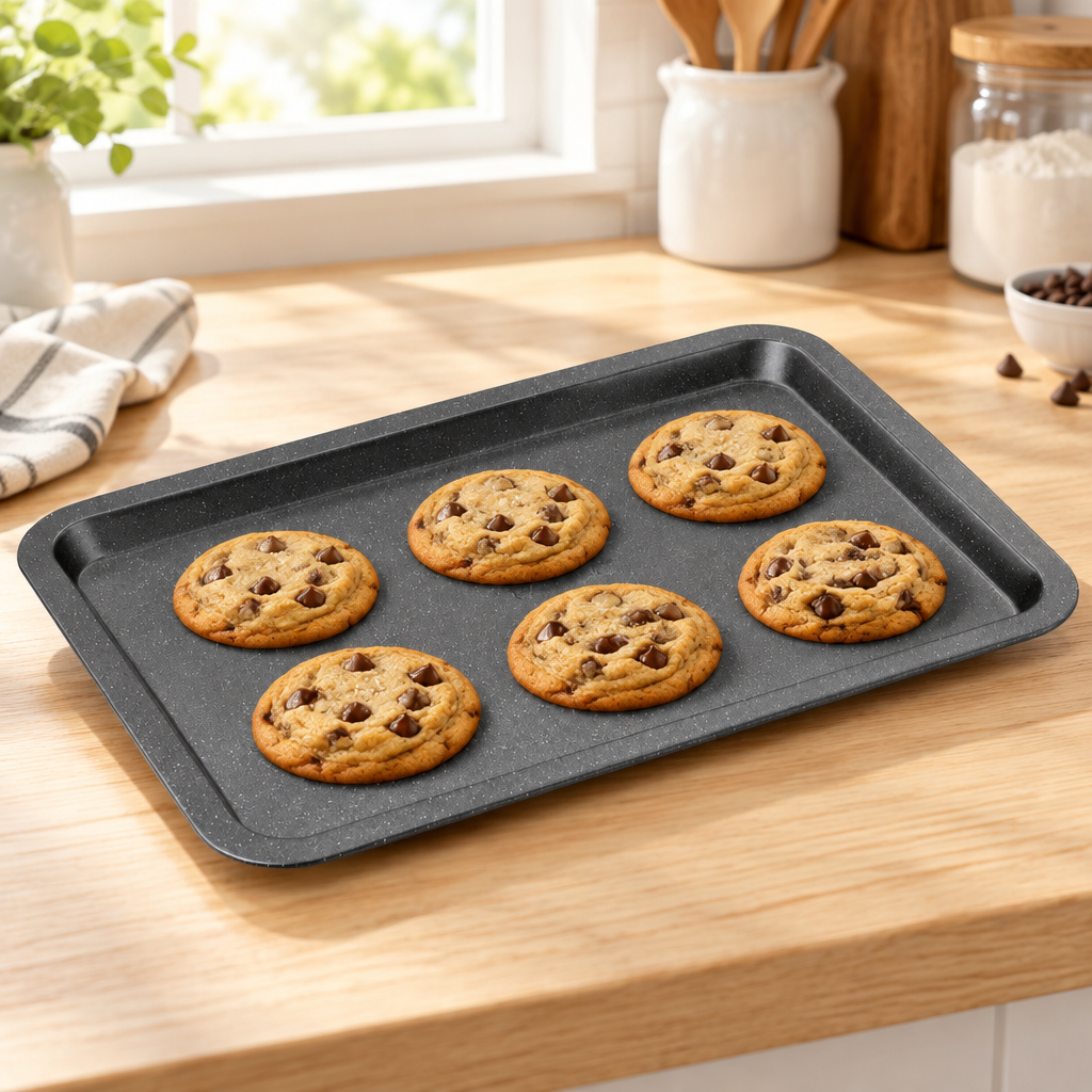 Bakken Stackable Cookie Sheet, 13 x 8.7", Gray Marble, styled in a kitchen