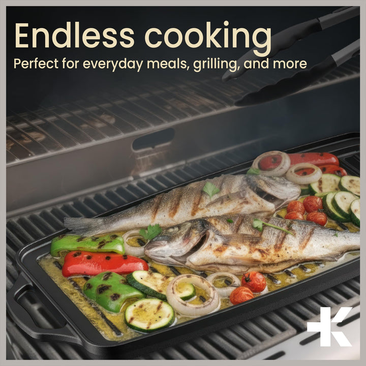 Bakken 19” Reversible Cast Iron Griddle, Flat & Grill Side, Dual Burner Cooking Plate for Pancakes, Meats & Veggies, Pre-Seasoned, Nonstick, Oven & Campfire Safe, Heavy-Duty Griddle Top with Mitt