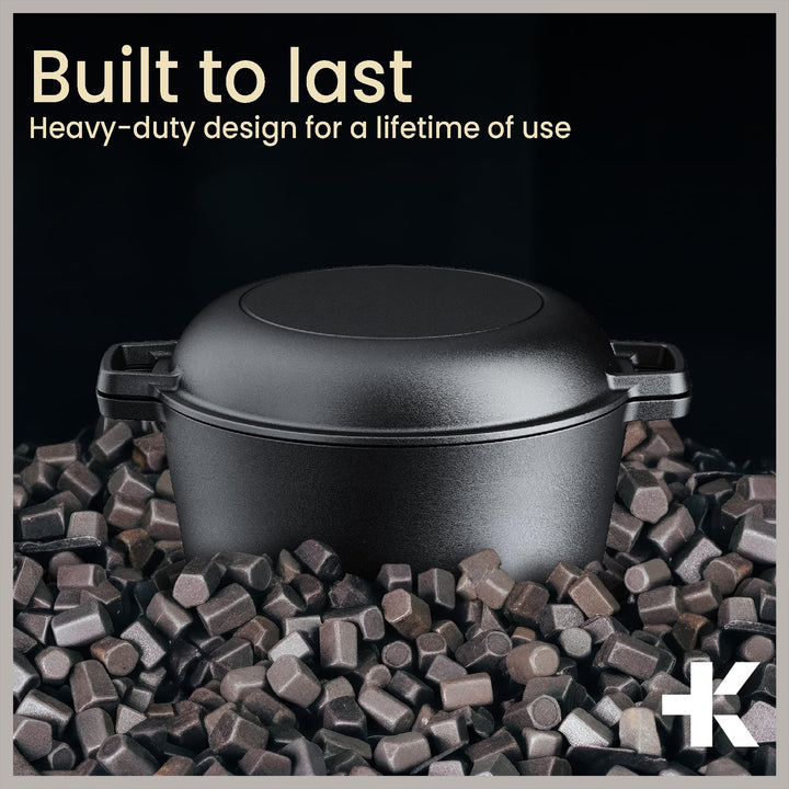 Bakken 2-in-1 Cast Iron Dutch Oven Pot with Skillet Lid, 5QT Pre-Seasoned Dutch Oven for Bread Baking, Roasting & Campfire Cooking, Heavy-Duty Indoor & Outdoor Use with Easy-Grip Dual Handles
