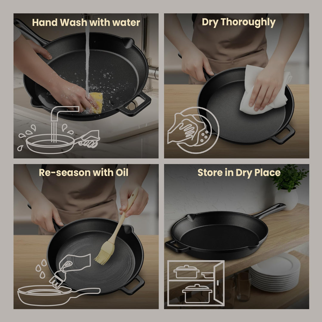 Bakken Pre Seasoned Cast Iron Skillet with Glass Lid & Silicone Handle, Frying Pan for Stove, Oven, Grill & Induction, Even Heat Distribution, Versatile All-Purpose Cookware for Searing & Frying