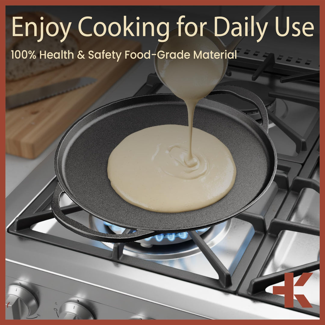 Bakken Cast Iron Pizza Pan 14 Inch, Naturally Pre-Seasoned Nonstick Baking Pan, Heavy-Duty for Oven, Grill, Stovetop, or Campfire, Dual Handles, Heat Retention for Crispy Crust Results, Easy to Clean