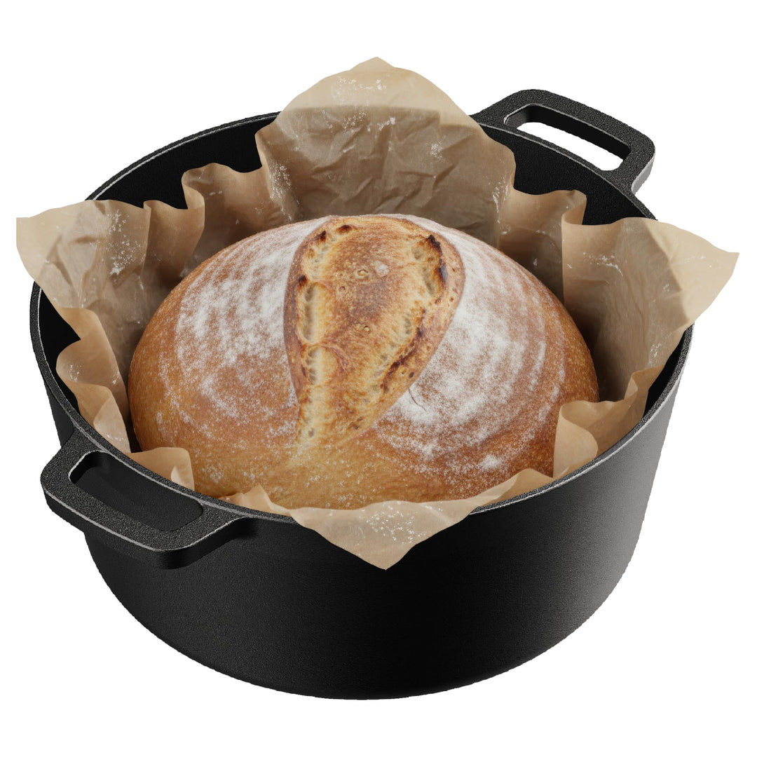 Bakken 2-in-1 Cast Iron Dutch Oven Pot with Skillet Lid, 5QT Pre-Seasoned Dutch Oven for Bread Baking, Roasting & Campfire Cooking, Heavy-Duty Indoor & Outdoor Use with Easy-Grip Dual Handles