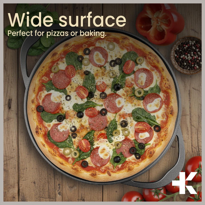 Bakken Cast Iron Pizza Pan 14 Inch, Naturally Pre-Seasoned Nonstick Baking Pan, Heavy-Duty for Oven, Grill, Stovetop, or Campfire, Dual Handles, Heat Retention for Crispy Crust Results, Easy to Clean