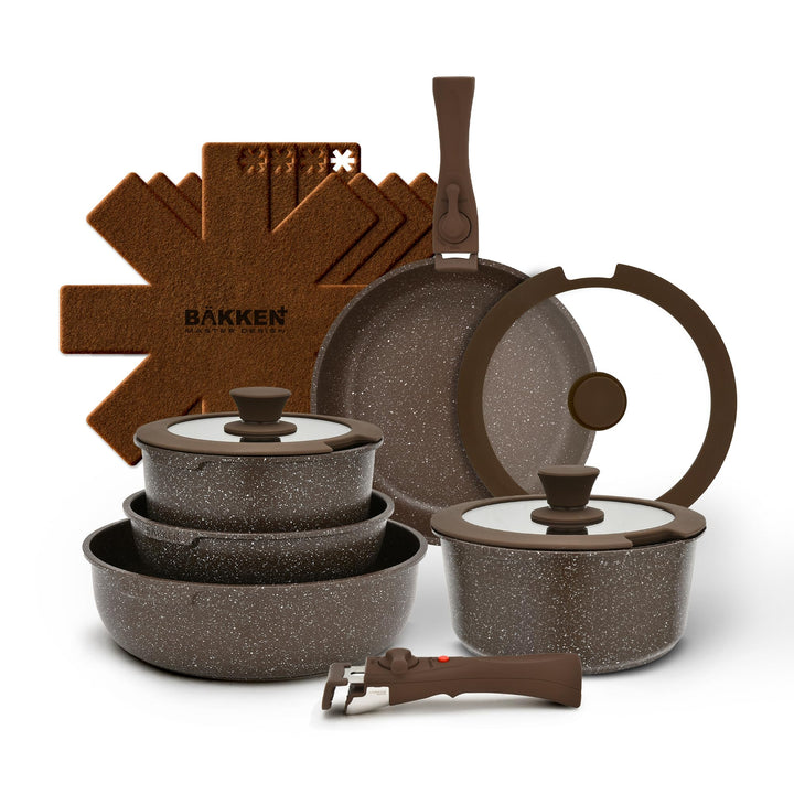 Kitchen Cookware Set - Nonstick Granite Coating, Pots and Pans with Handles and Tempered Glass Lids, PFOA, PFOS, PTFE Free, Ceramic Max Temperature (Up To 500° F), Set of 15 - Dark Gray