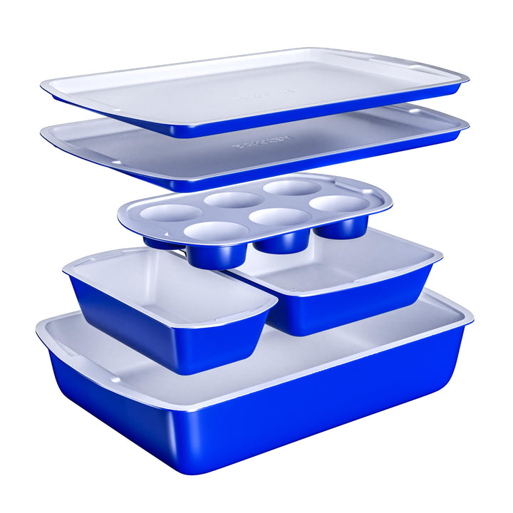 BAKKEN 6-Piece Kitchen Baking Pan Set - Royal Blue Color with Gray Ceramic Nonstick Coating, Commercial Grade Carbon Steel Bakeware, Baking Essentials, PFOA, PFOS, PTFE Free, Oven Safe (Up To 450° F)