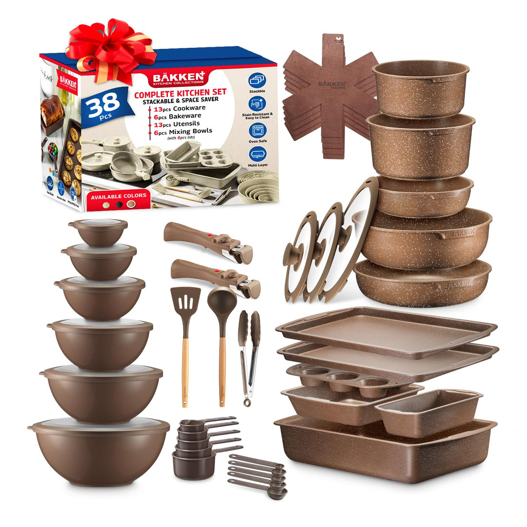 Bakken Master 38 Piece Granite Cookware and Bakeware Set – Nonstick Granite Coating, Pots and Pans with Detachable Handles and Tempered Glass Lids, 6-piece Bakeware set, 12-piece Mixing Bowls,Brown