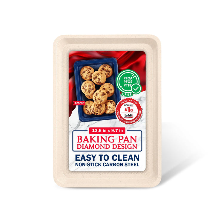 BAKKEN Kitchen Baking Pans - Nonstick White Coating, 13.58’’ × 9.65’’ Commercial Grade Carbon Steel Cookie Sheet, Diamond Texture Bottom, PFOA, PFOS, PTFE Free, Oven Safe Tray (450°F), White Marble