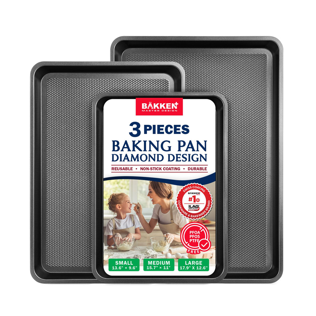 BAKKEN Kitchen Baking Pans - Small, Medium, and Large Cookie Pan (13.58×9.65, 15.75×11, 17.91×12.60), Nonstick, Diamond Texture Bottom, PFOA, PFOS, PTFE Free, Oven Safe Tray (450°F), Pack of 3, Gray