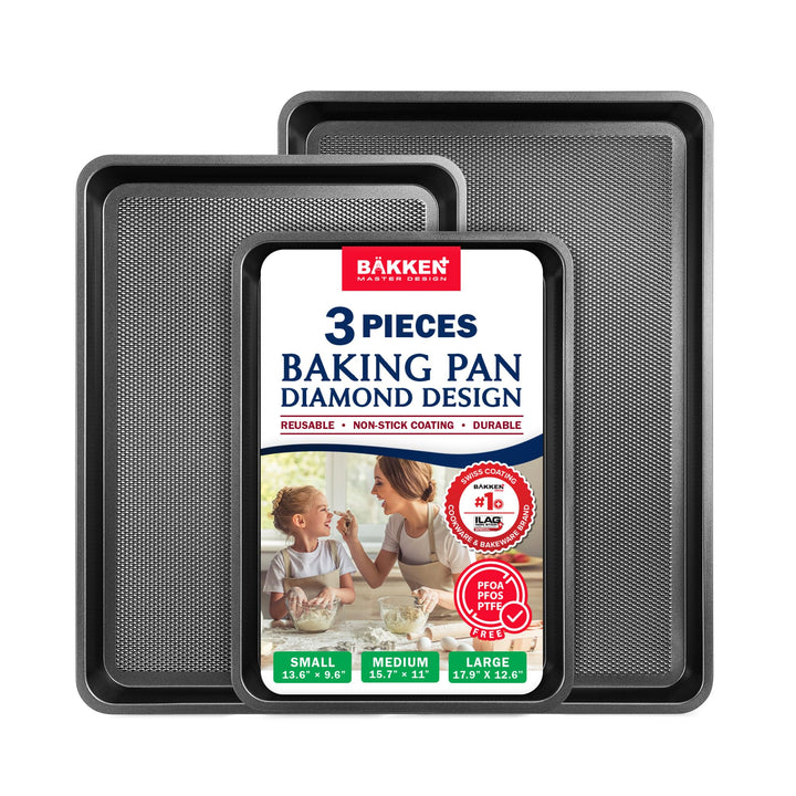 BAKKEN Kitchen Baking Pans - Small, Medium, and Large Cookie Pan (13.58×9.65, 15.75×11, 17.91×12.60), Nonstick, Diamond Texture Bottom, PFOA, PFOS, PTFE Free, Oven Safe Tray (450°F), Pack of 3, Gray