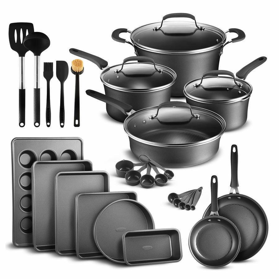 Bakken 23-Piece Cookware & Bakeware Set – Plaid Nonstick, Black