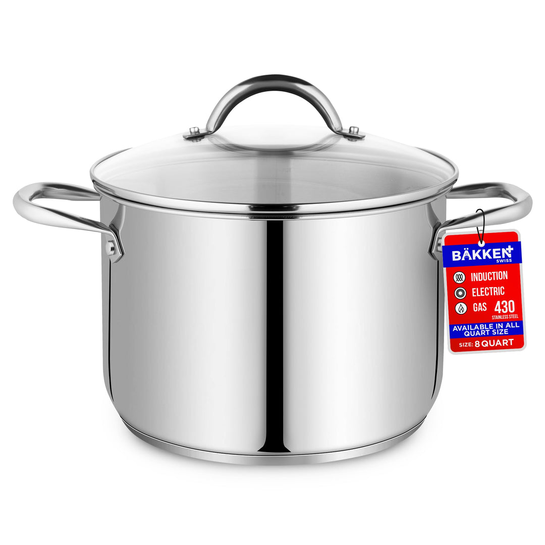 Stainless Steel Stockpot with Tempered Glass Lid 8 Quart, Durable 18/0 Stainless Steel, Impact-Bonded Base for Even Heating, Riveted Handles, Oven & All Stove Compatible, Safe Up To 500°F (260°C)