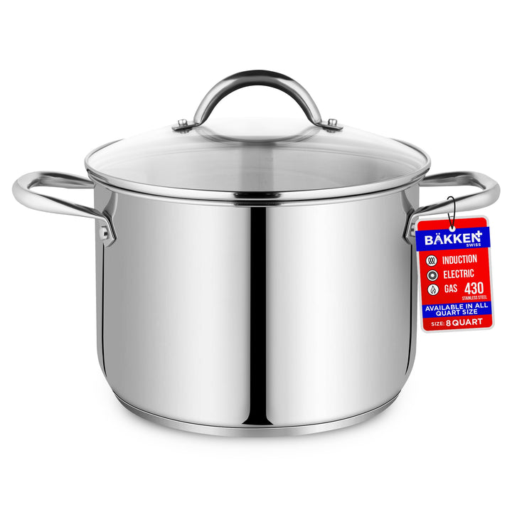 Stainless Steel Stockpot with Tempered Glass Lid 8 Quart, Durable 18/0 Stainless Steel, Impact-Bonded Base for Even Heating, Riveted Handles, Oven & All Stove Compatible, Safe Up To 500°F (260°C)