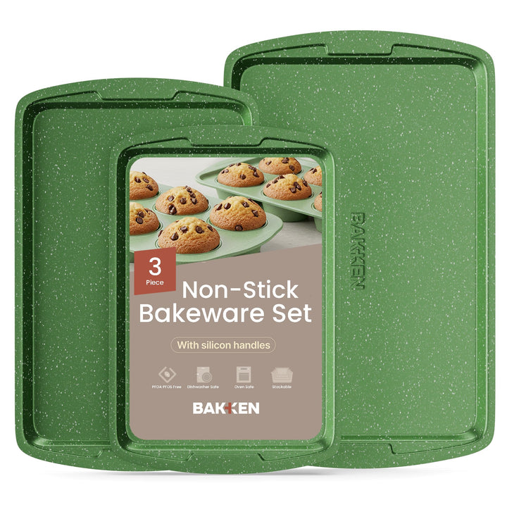 BAKKEN Kitchen Baking Pan Set - Nonstick Green Marble Coating, Commercial Grade Carbon Steel Bakeware Sets, Baking Kitchen Essentials, PFOA, PFOS, PTFE Free, Oven Safe Tray (Up To 450° F), Set of 3