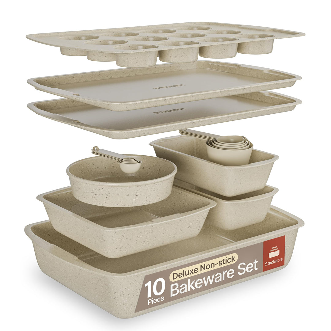 White Marble 10-Piece Bakeware Sets, Nonstick Carbon Steel Baking Sheet & Pans, Stackable Space-Saving Bakeware, Dishwasher Safe, Stain-resistant, PFOA\PFOS\PTFE Free, Oven Safe Up To 450°F (230°C)