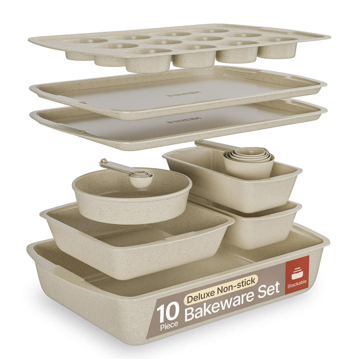 White Marble 10-Piece Bakeware Sets, Nonstick Carbon Steel Baking Sheet & Pans, Stackable Space-Saving Bakeware, Dishwasher Safe, Stain-resistant, PFOA\PFOS\PTFE Free, Oven Safe Up To 450°F (230°C)