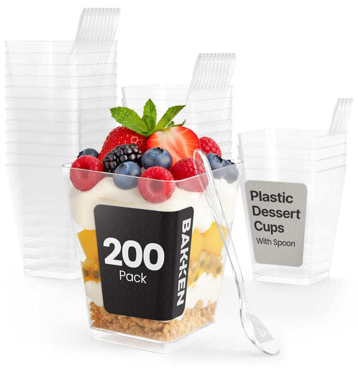 Bakken 5 oz Plastic Dessert Cups with Spoons, Clear Serving Cups