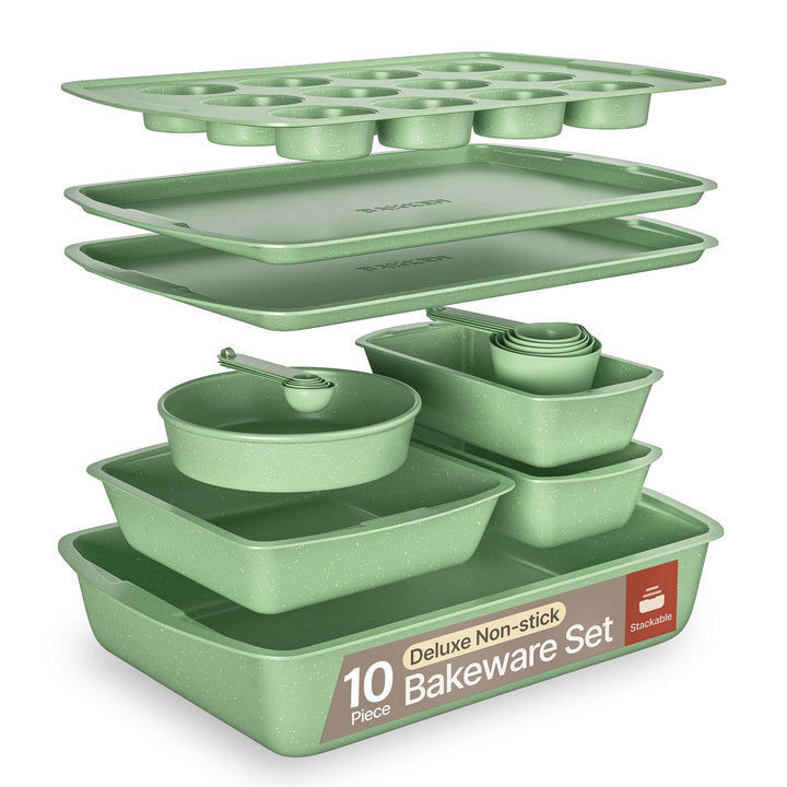 Green Marble 10-Piece Bakeware Sets, Nonstick Carbon Steel Baking Sheet & Pans, Stackable Space-Saving Bakeware, Dishwasher Safe, Stain-resistant, PFOA\PFOS\PTFE Free, Oven Safe Up To 450°F (230°C)