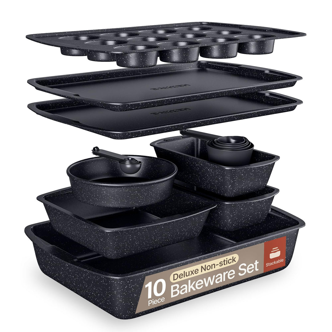 Gray Marble 10-Piece Bakeware Sets, Nonstick Carbon Steel Baking Sheet & Pans, Stackable Space-Saving Bakeware, Dishwasher Safe, Stain-resistant, PFOA\PFOS\PTFE Free, Oven Safe Up To 450°F (230°C)