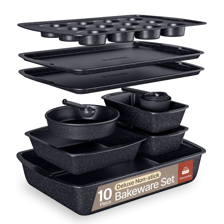 Gray Marble 10-Piece Bakeware Sets, Nonstick Carbon Steel Baking Sheet & Pans, Stackable Space-Saving Bakeware, Dishwasher Safe, Stain-resistant, PFOA\PFOS\PTFE Free, Oven Safe Up To 450°F (230°C)