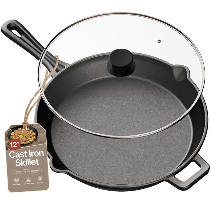 Bakken Pre Seasoned Cast Iron Skillet with Glass Lid & Silicone Handle, Frying Pan for Stove, Oven, Grill & Induction, Even Heat Distribution, Versatile All-Purpose Cookware for Searing & Frying