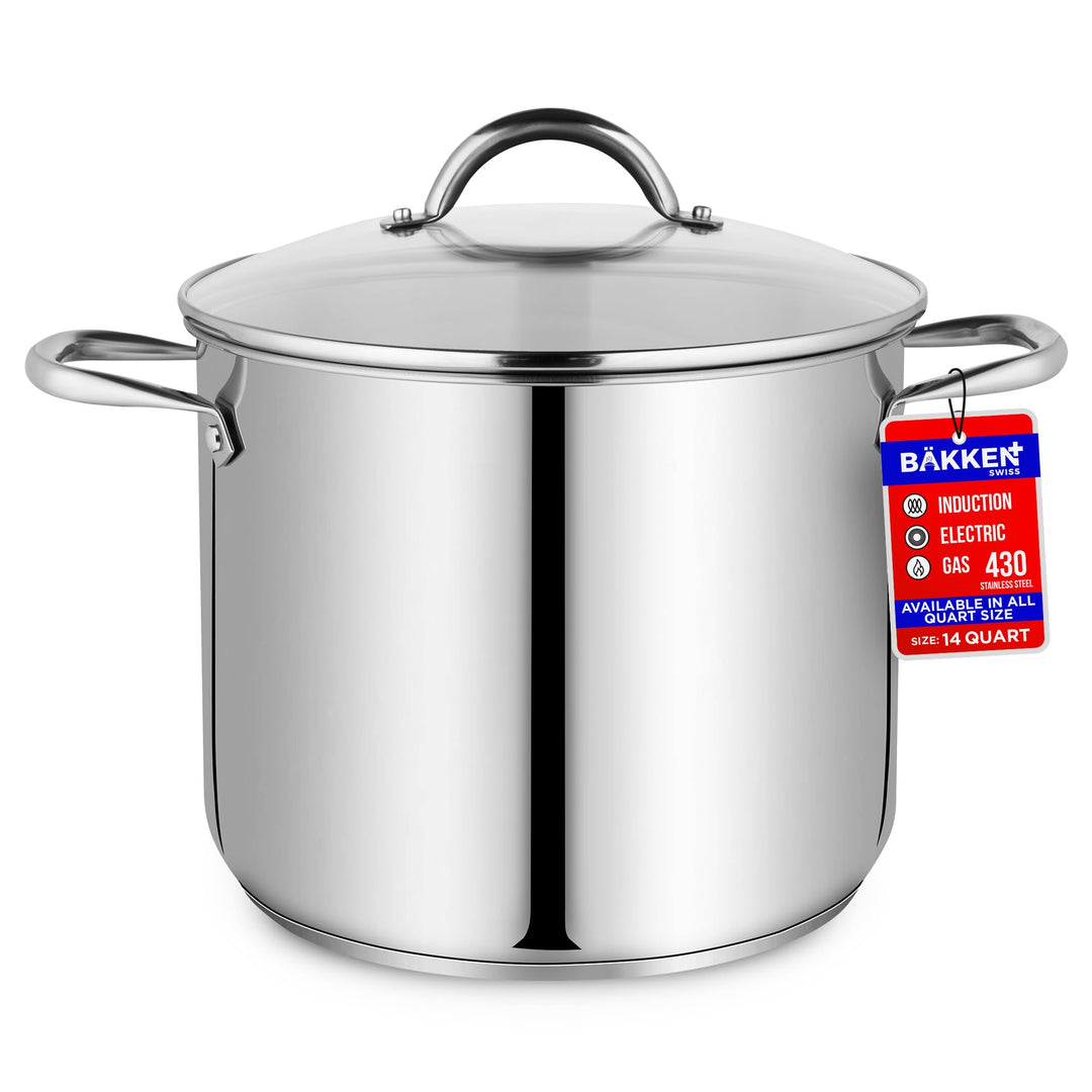 Stainless Steel Stockpot with Tempered Glass Lid 16 Quart, Durable 18/0 Stainless Steel, Impact-Bonded Base for Even Heating, Riveted Handles, Oven & All Stove Compatible, Safe Up To 500°F (260°C)