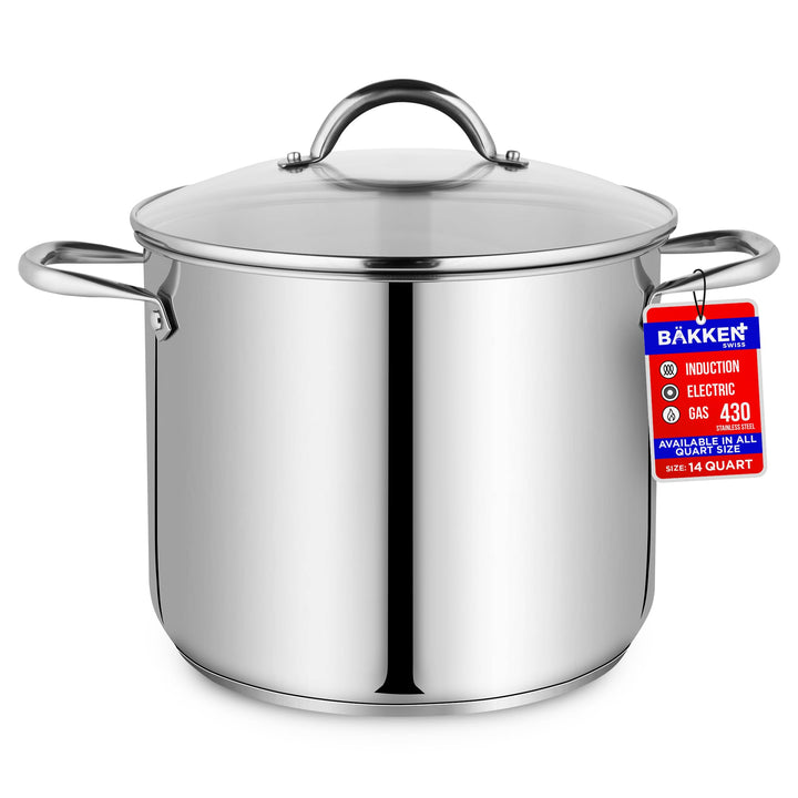 Stainless Steel Stockpot with Tempered Glass Lid 16 Quart, Durable 18/0 Stainless Steel, Impact-Bonded Base for Even Heating, Riveted Handles, Oven & All Stove Compatible, Safe Up To 500°F (260°C)