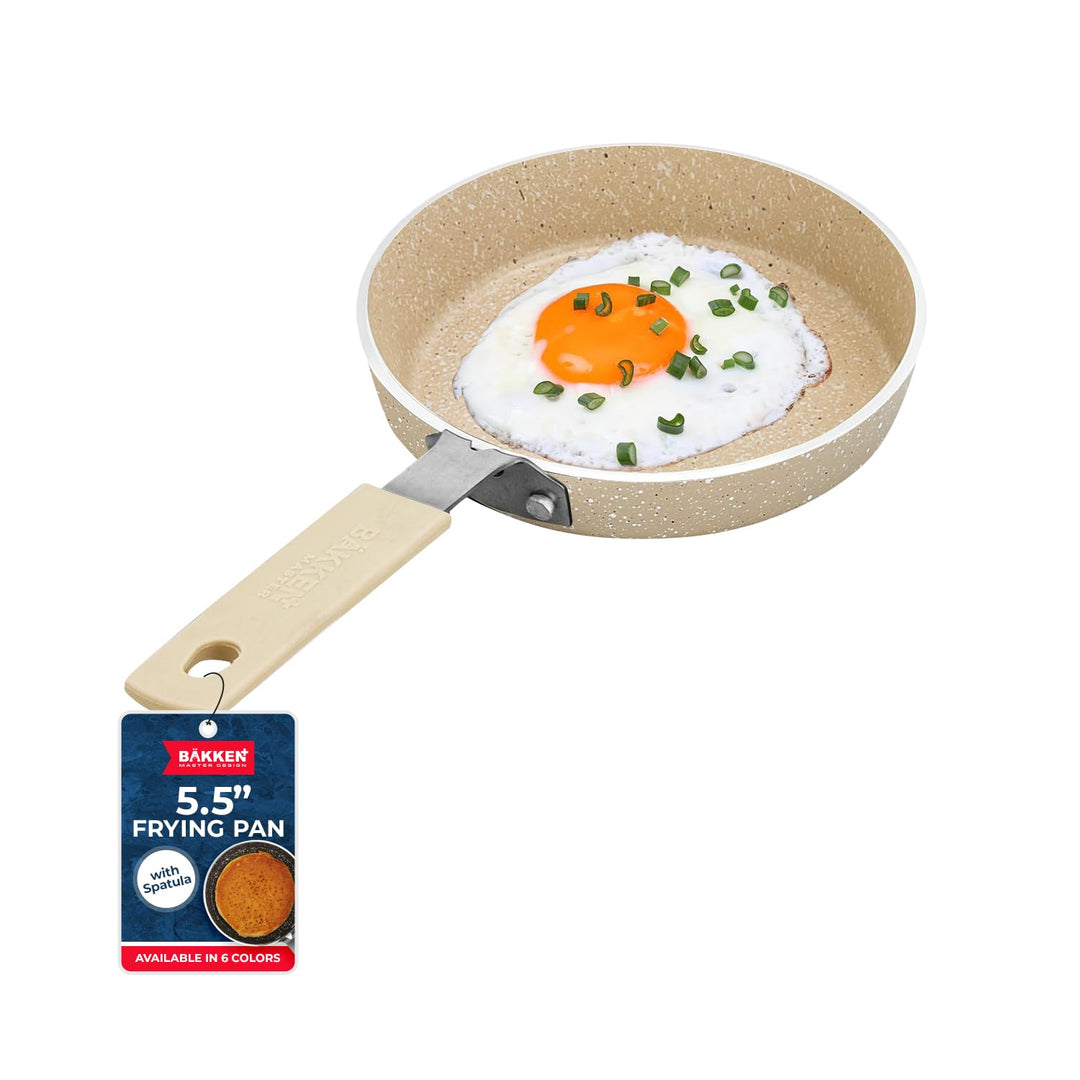 2-Piece Mini Pan Set – 5.5’’ Non-Stick Egg Pan with Spatula, Cool-Touch Handles, Heat-Resistant Up To 400° F, Food-Grade Safe, For Gas, Electric and Ceramic Cooktops, Marble Warm Cream