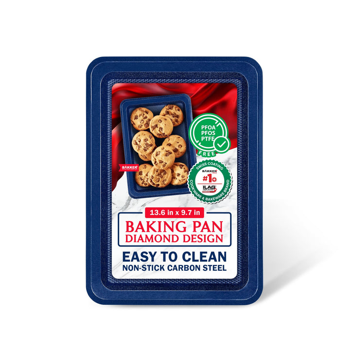 BAKKEN Kitchen Baking Pans - Nonstick Blue Coating, 13.58’’ × 9.65’’ Commercial Grade Carbon Steel Cookie Sheet, Diamond Texture Bottom, PFOA, PFOS, PTFE Free, Oven Safe Tray (450°F), Blue