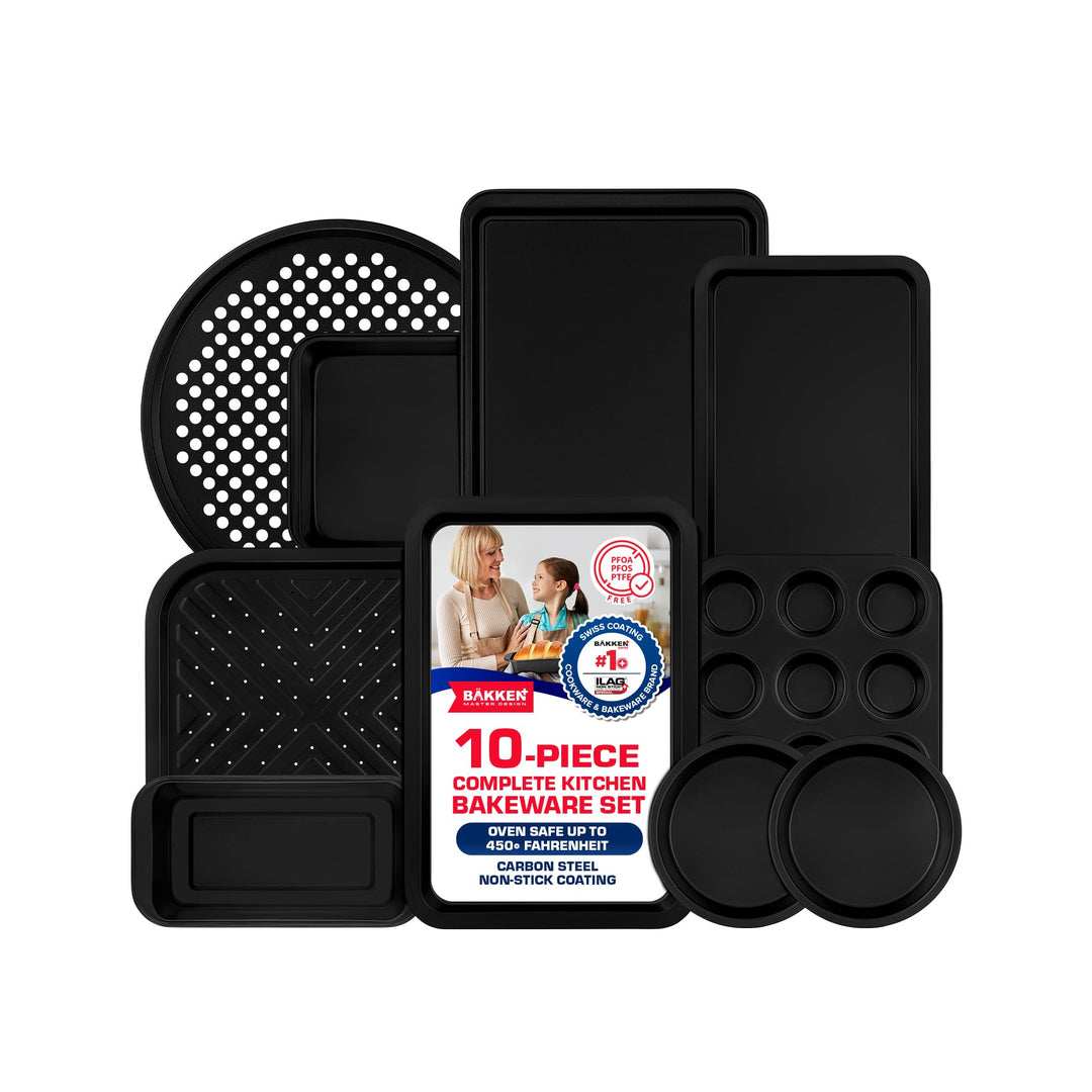 Baking Set – 10 Piece – Deluxe Non Stick Black Coating Inside and Outside – Carbon Steel Bakeware Set – PFOA PFOS and PTFE Free by Bakken