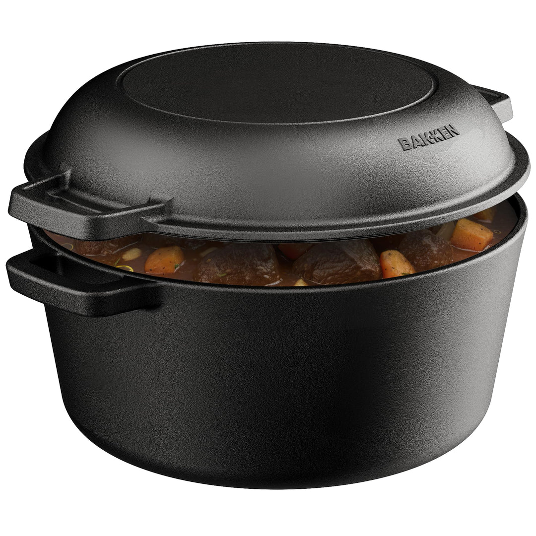 Bakken 2-in-1 Cast Iron Dutch Oven Pot with Skillet Lid, 5QT Pre-Seasoned Dutch Oven for Bread Baking, Roasting & Campfire Cooking, Heavy-Duty Indoor & Outdoor Use with Easy-Grip Dual Handles