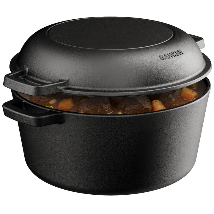 Bakken 2-in-1 Cast Iron Dutch Oven Pot with Skillet Lid, 5QT Pre-Seasoned Dutch Oven for Bread Baking, Roasting & Campfire Cooking, Heavy-Duty Indoor & Outdoor Use with Easy-Grip Dual Handles