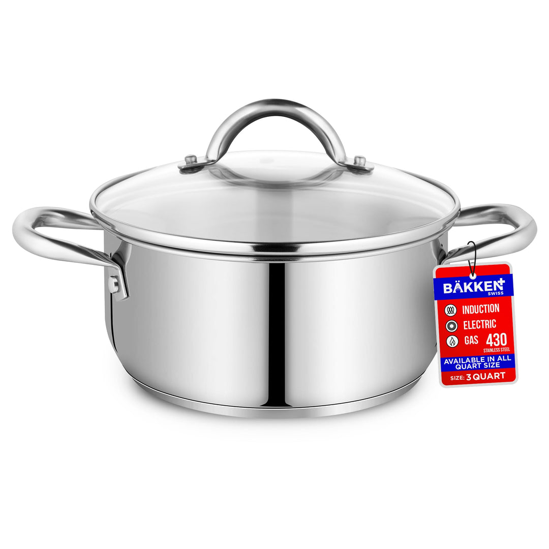 Bakken-Swiss Deluxe 3-Quart Stainless Steel Stockpot w/Tempered Glass See-Through Lid - Simmering Delicious Soups Stews & Induction Cooking - Exceptional Heat Distribution - Heavy-Duty & Food-Grade