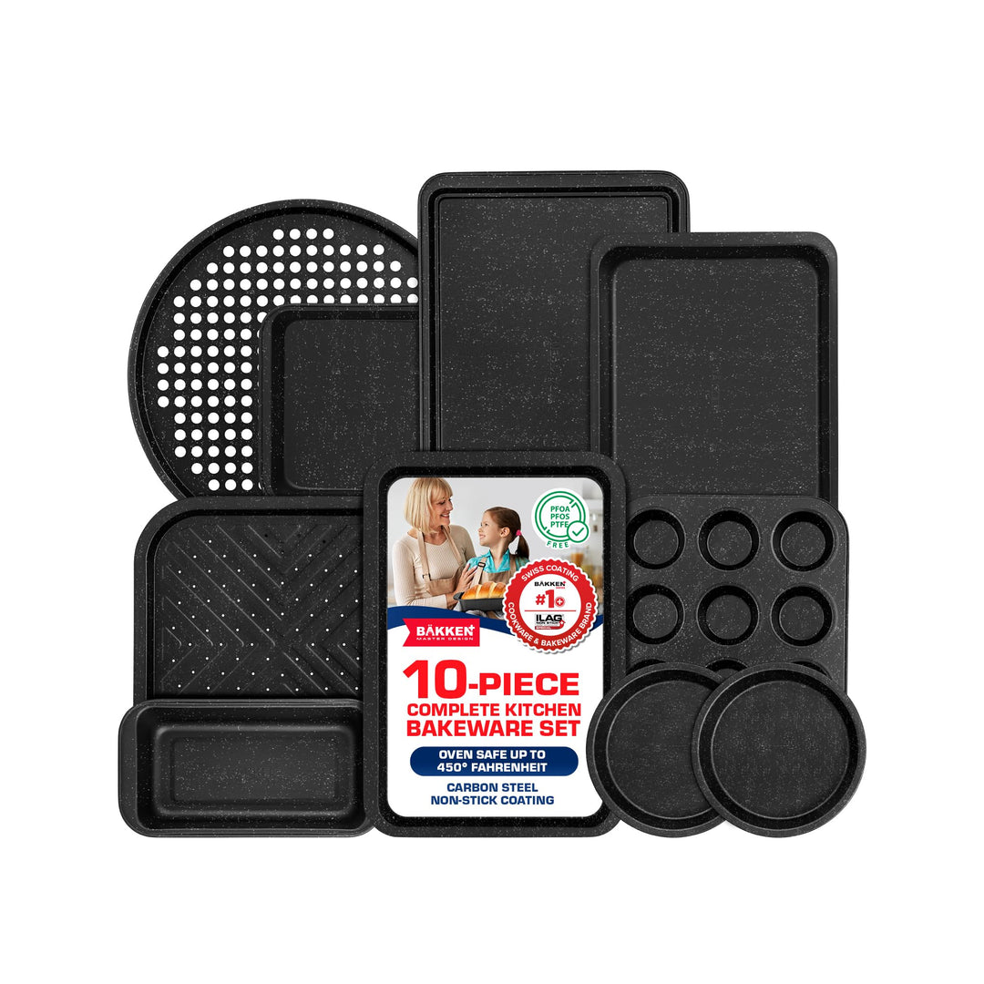 BAKKEN 10-Piece Kitchen Baking Pan Set - Commercial Grade Carbon Steel Bakeware, With Nonstick Coating, Stackable and Space-saving Design, PFOA, PFOS, PTFE Free, Oven Safe (Up To 450°F), Gray Marble